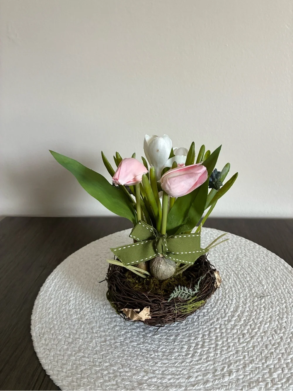 Pink & White Tulip Nest Arrangement with Green Ribbon - Home Accents